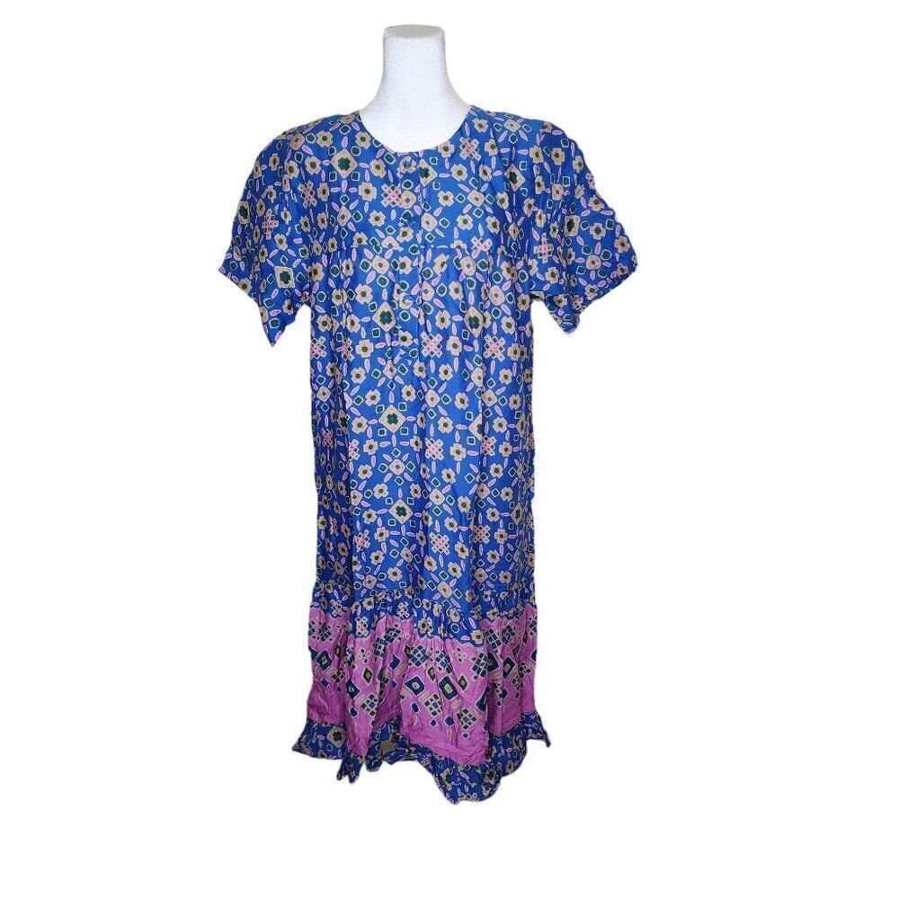 Vintage 70s Indonesian Batik Shift Dress Boho Womens Size XL Blue